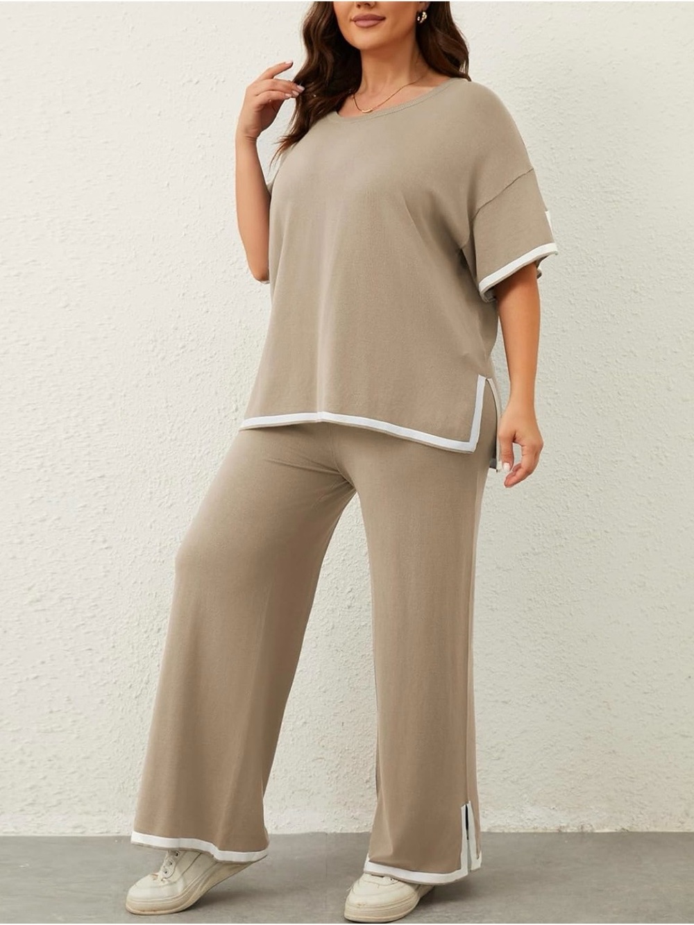 Relaxed Wide Leg Lounge Jumpsuit Set in Beige with White Trim - Picture 2 of 5